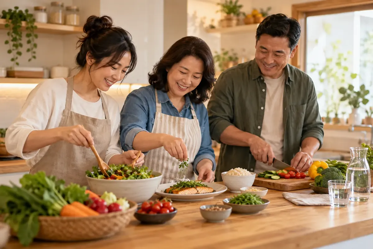 A family cooking a healthy meal together