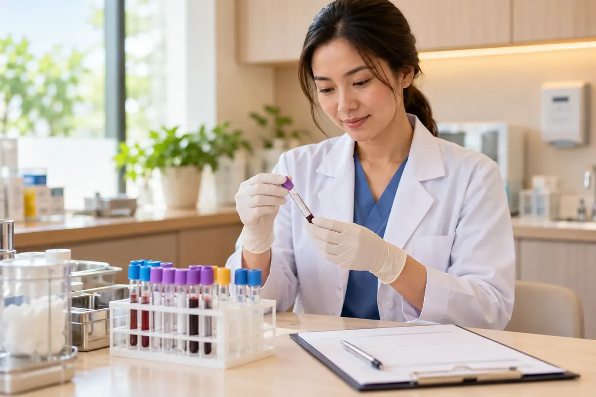 A clinician preparing blood sample tubes for hormone testing