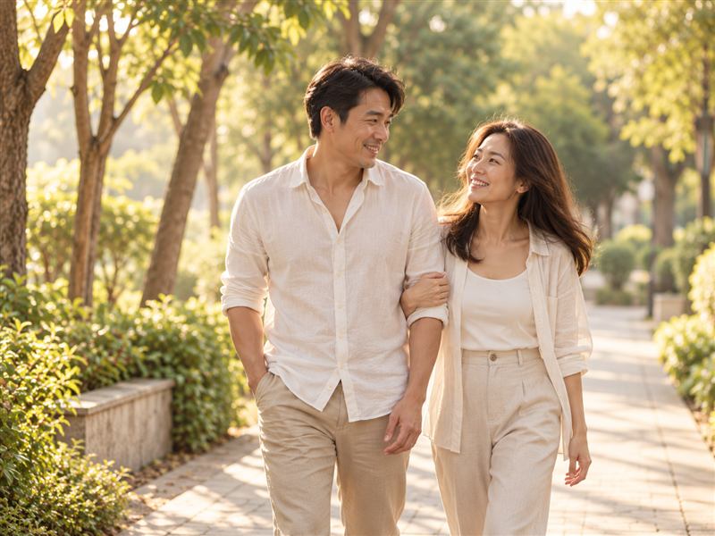 คู่รักวัยกลางคนเดินเล่นอย่างมีความสุข