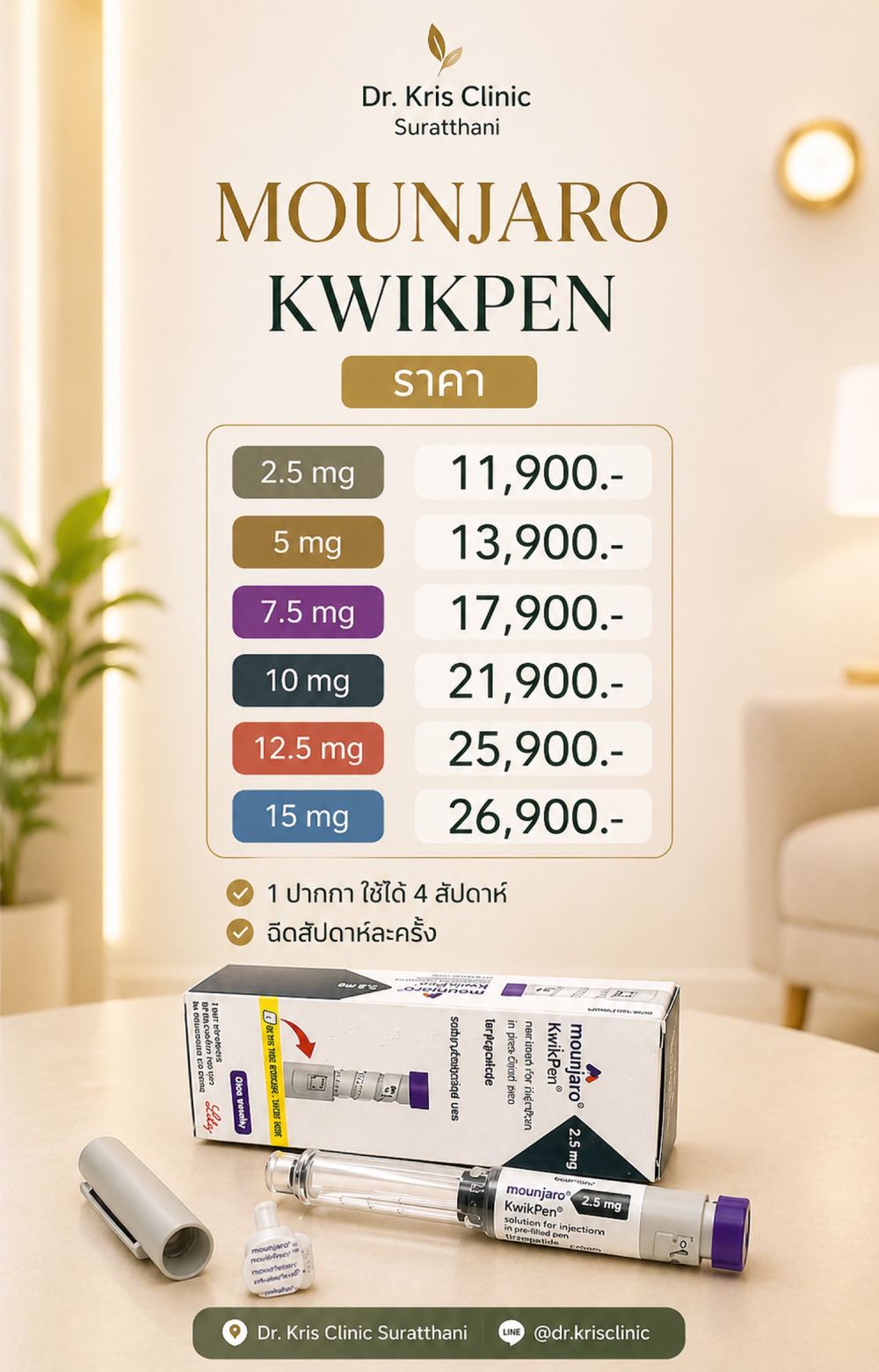ราคา Mounjaro KwikPen: 2.5 มก. 11,900 บาท, 5 มก. 13,900 บาท, 7.5 มก. 17,900 บาท, 10 มก. 21,900 บาท, 12.5 มก. 25,900 บาท, 15 มก. 26,900 บาท — 1 ปากกาใช้ได้ 4 สัปดาห์ ฉีดสัปดาห์ละครั้ง